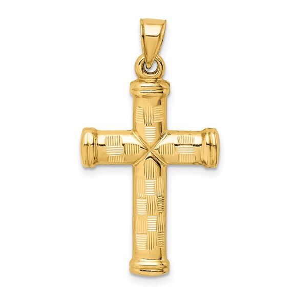 Mens 14k Yellow Gold Hollow Reversible Textured Cross Pendant, 18x34mm - Picture 1 of 5